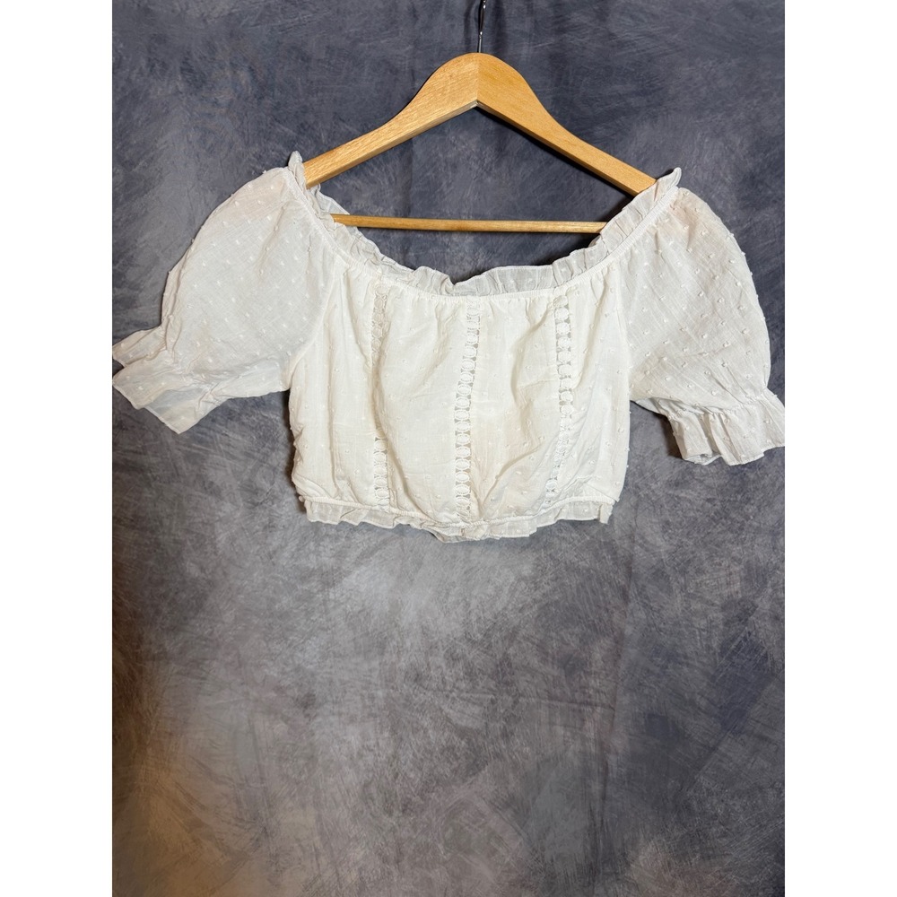 C+D+M Collection White Swiss Dot Off Shoulder Crop Top Boho Lace Trim Medium